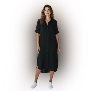 Old Navy Black Linen Blend Shirt Dress Preppy Button Front Pockets Casual